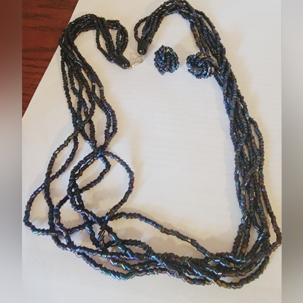 Vintage Metallic navy black Bohemian Glass Necklace and Earrings